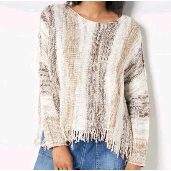 Laurie Felt Baja Sweater with Fringe Hem Detail Neutral Combo M/L A399746 - Picture 1 of 1